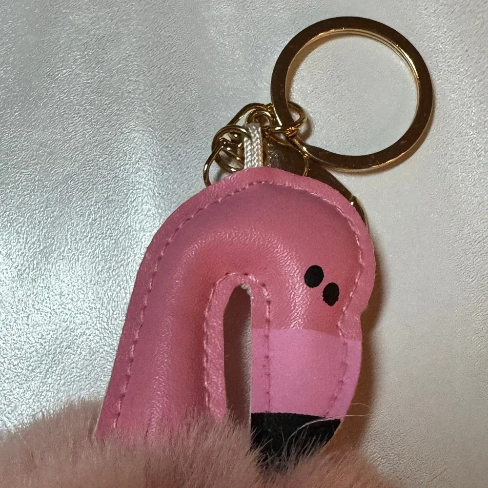 Pink Flamingo Pom Pom Faux Fur Keychain Bag Charm Gold Tone Ring‎